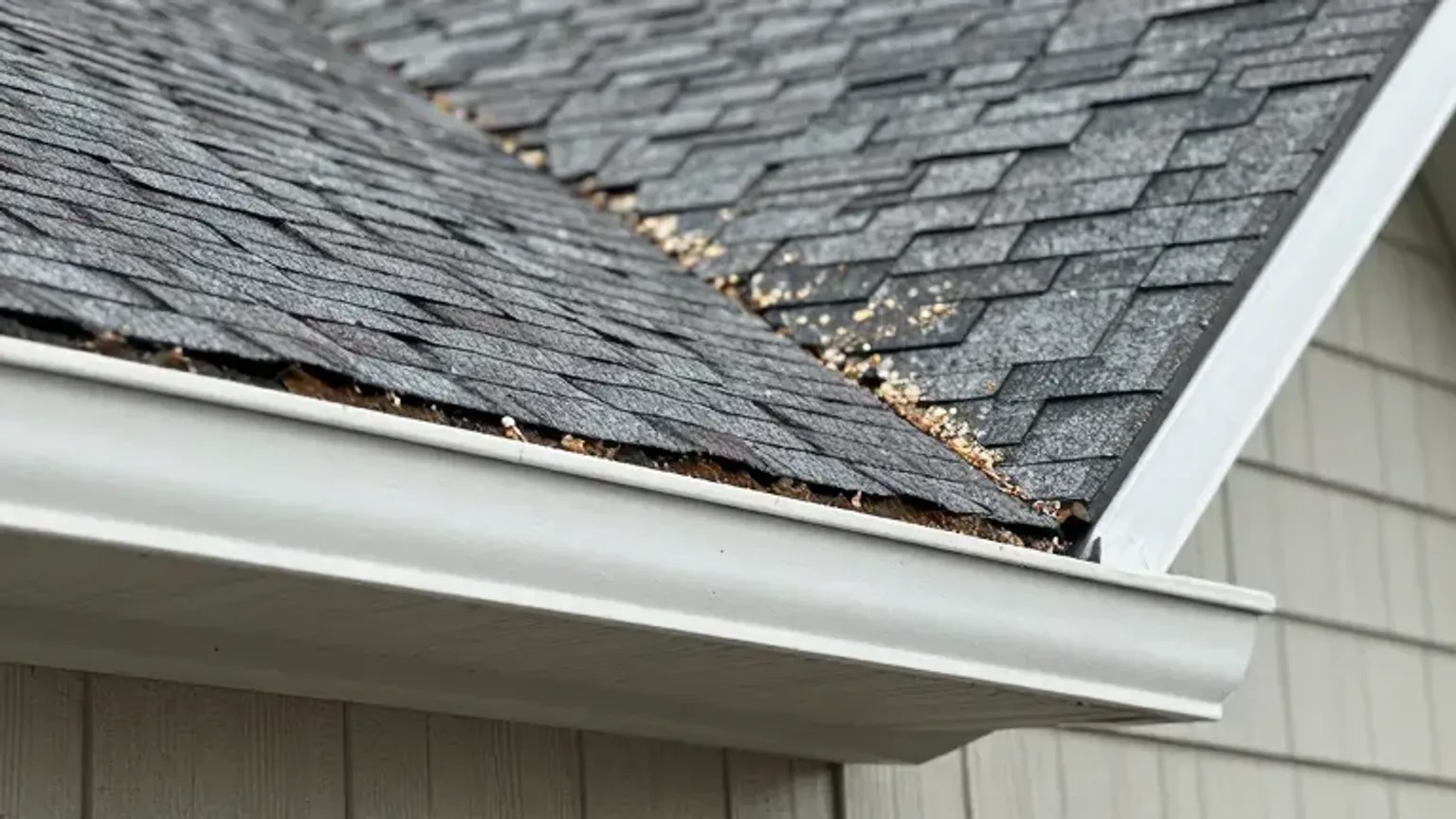Documentary-style iPhone close-up of curling roof shingles and granule loss on a home in Saratoga Springs, Utah. Natural lighting.