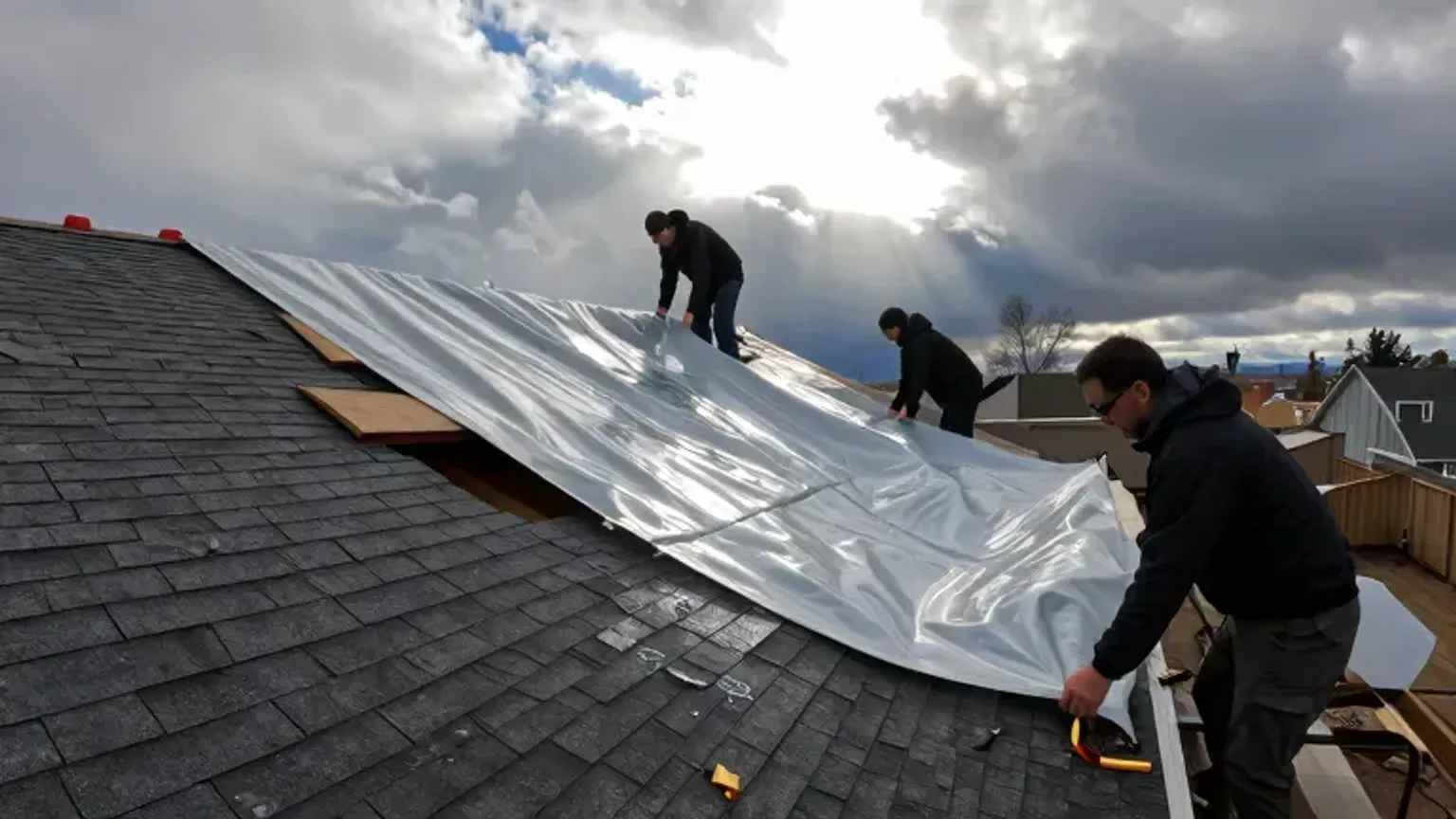 Documentary-style iPhone photo of emergency roof tarp installation on a damaged home in Saratoga Springs, Utah during urgent response. Natural lighting.