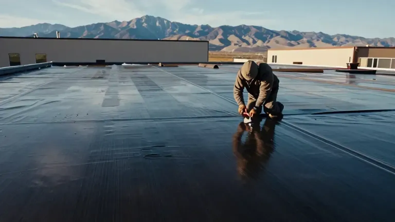 Documentary-style iPhone photo of flat roof patch repair on a low-slope commercial roof in Saratoga Springs, Utah, showing membrane work and natural daylight.
