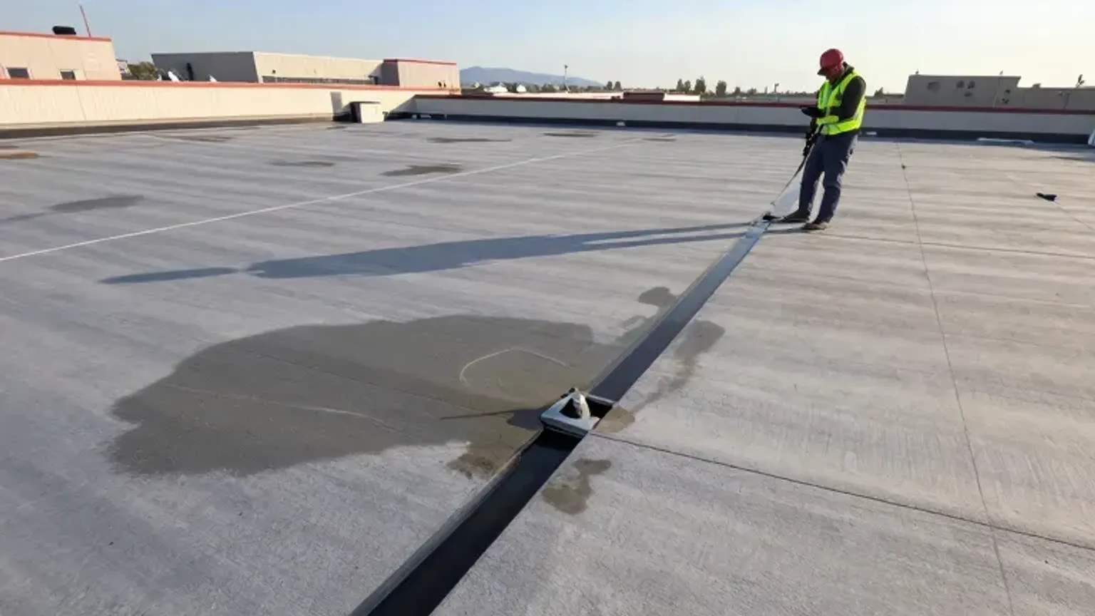 Documentary-style iPhone photo of flat roof leak detection and drainage inspection on a commercial property in Saratoga Springs, Utah. Natural daylight.