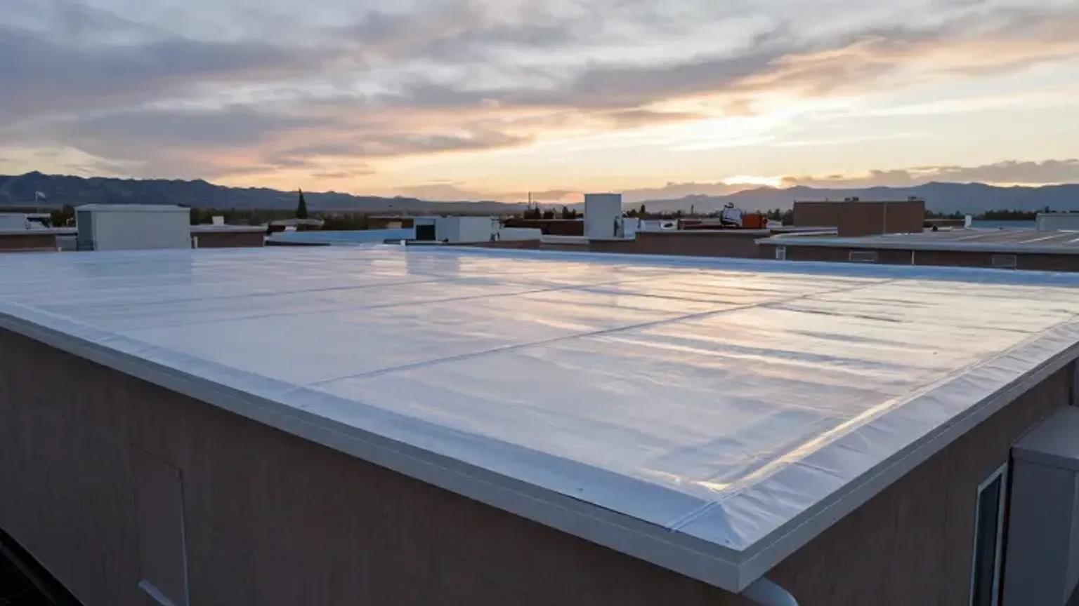 Documentary-style iPhone photo of completed flat roof repair on a low-slope building in Saratoga Springs, Utah with clean membrane finish. Natural afternoon light.