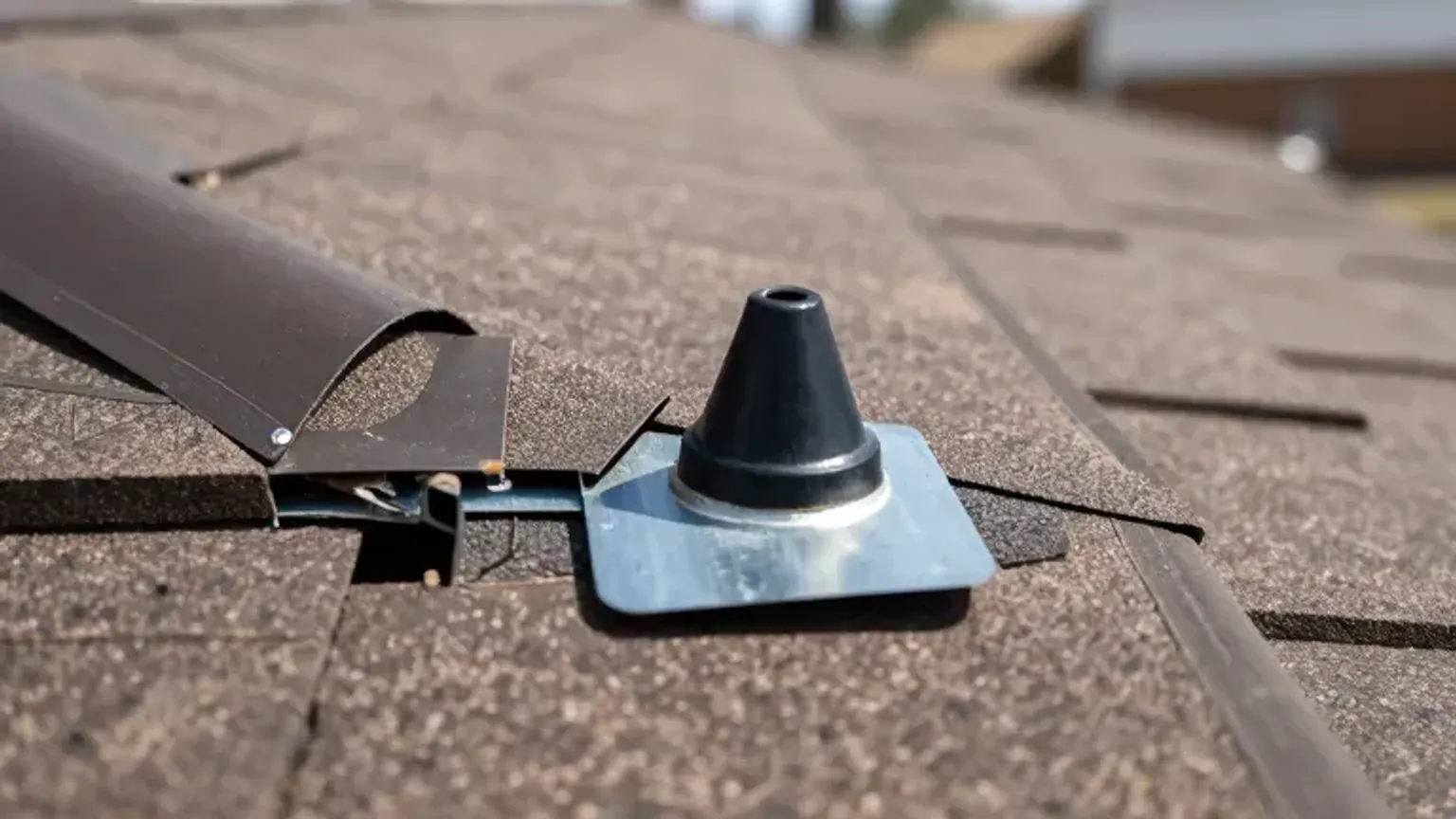 Documentary-style iPhone close-up of roof flashing repair detail in Saratoga Springs, Utah with clean seal work. Natural lighting.