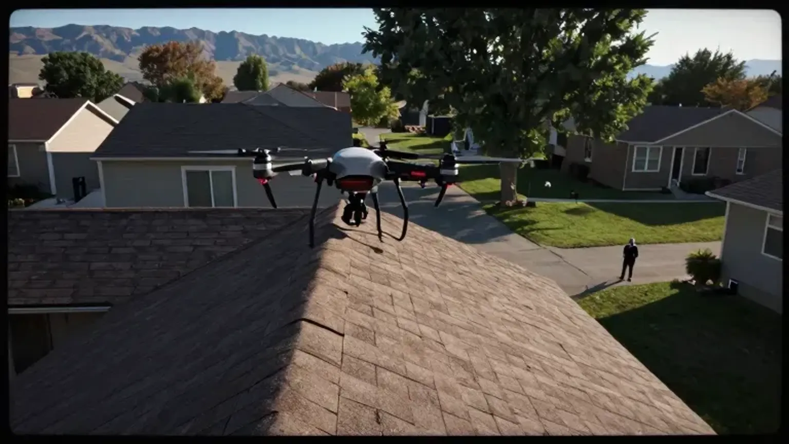 Documentary-style iPhone photo of a roof inspection drone scan being conducted above a residential roof in Saratoga Springs, Utah. Natural afternoon light.