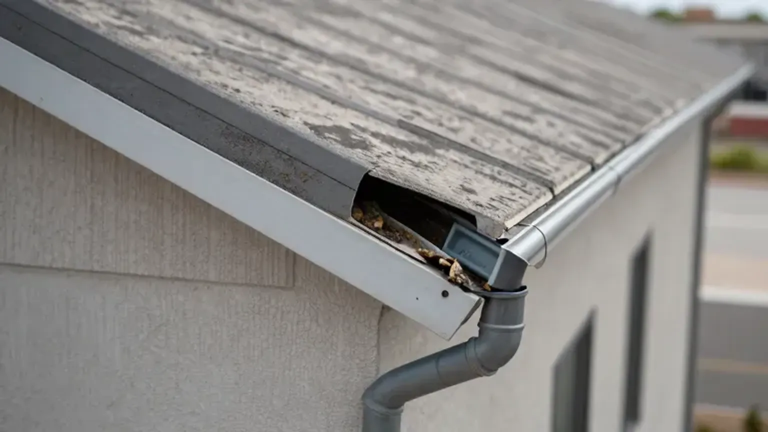 Documentary-style iPhone close-up photo of roof drainage and gutter maintenance on a commercial building in Saratoga Springs, Utah. Natural lighting.
