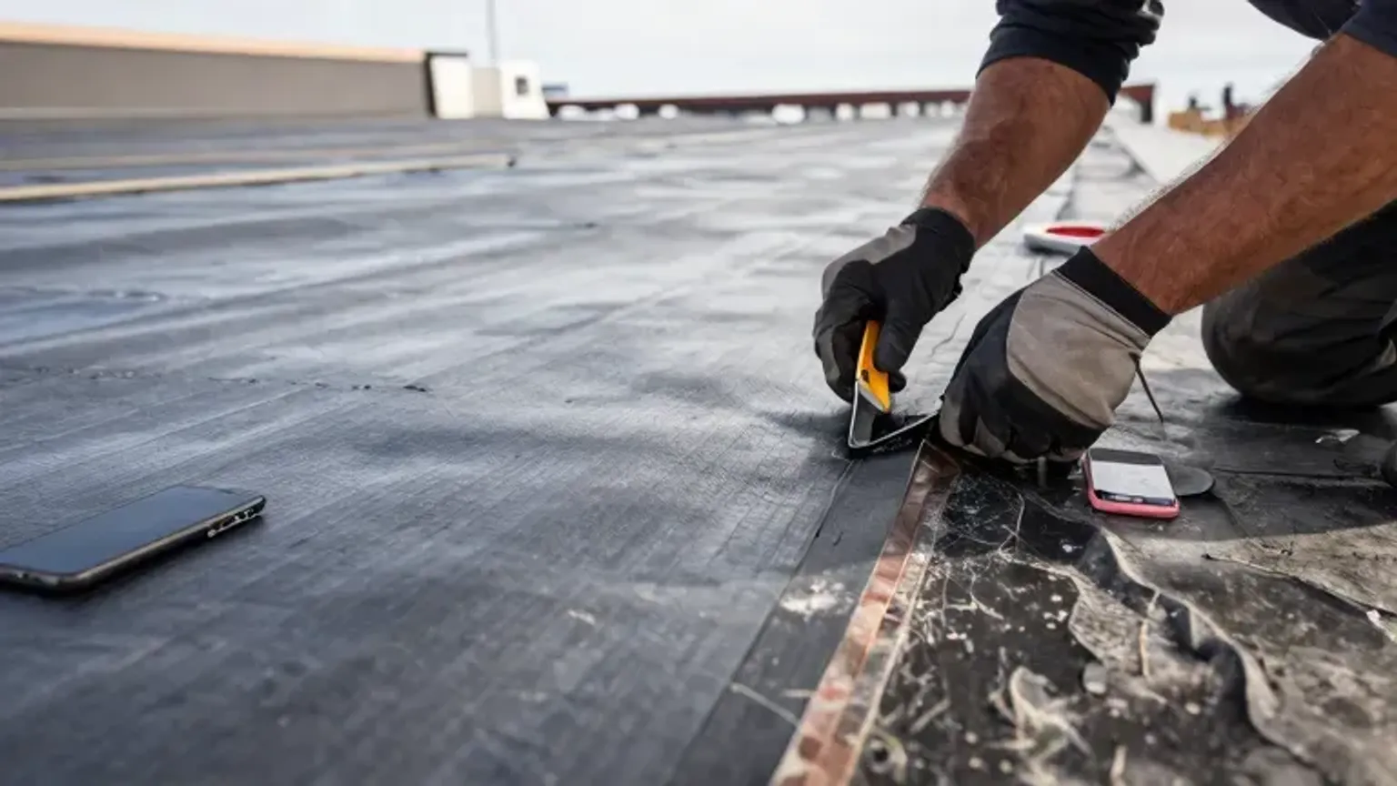 Documentary-style iPhone photo of commercial roof leak detection and seam repair on a low-slope building in Saratoga Springs, Utah. Natural lighting.