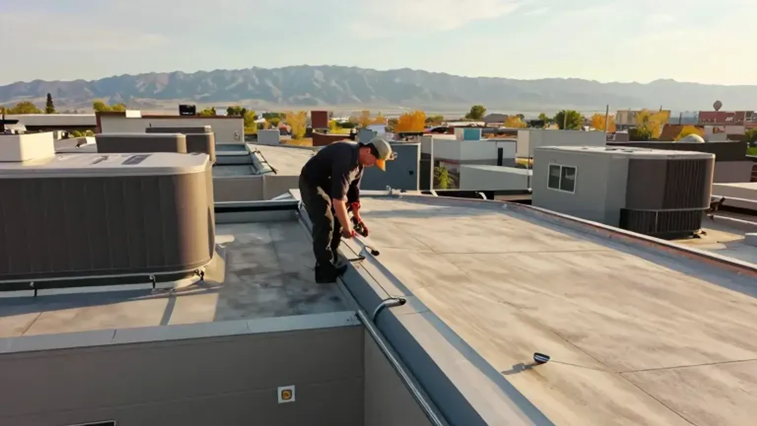 Documentary-style iPhone photo of commercial roofing maintenance inspection with technician checking flashing and drainage details in Saratoga Springs, Utah. Natural daylight.
