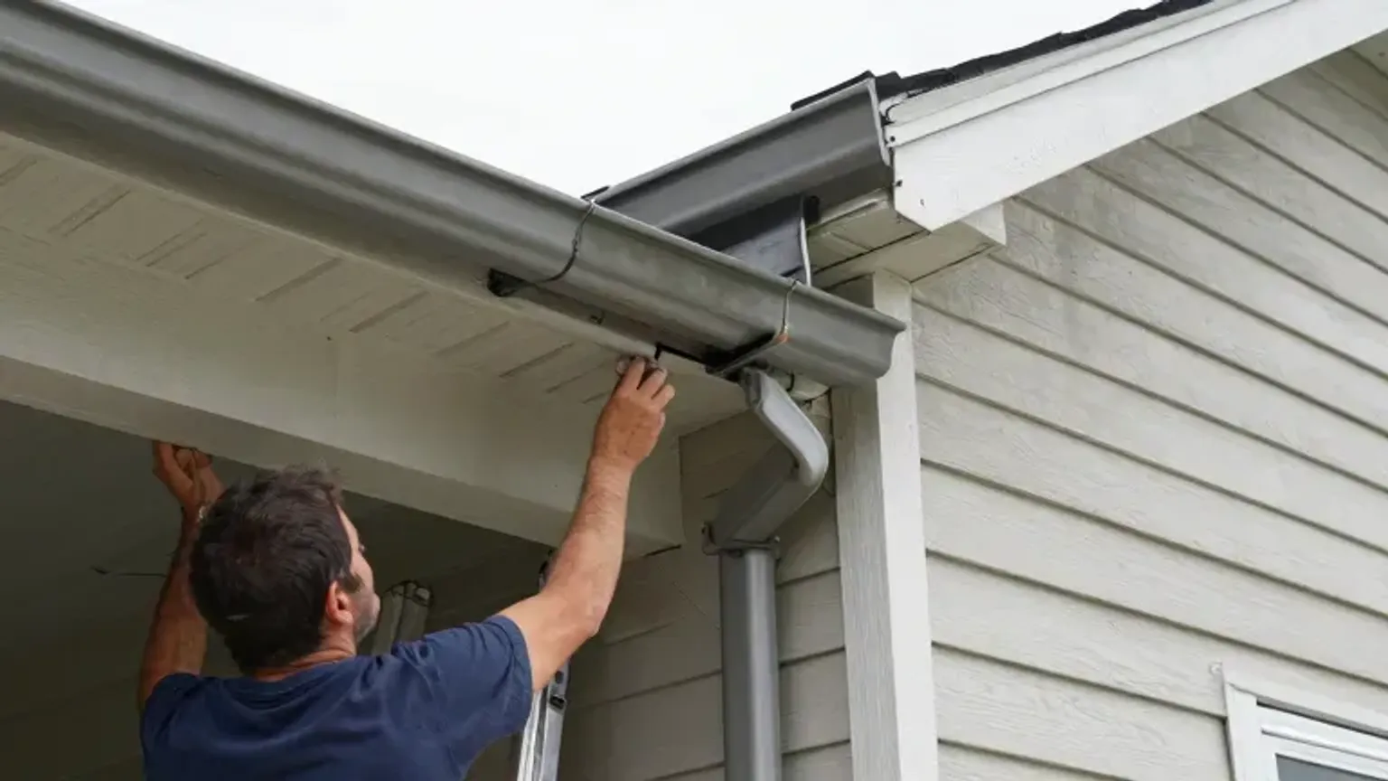 Documentary-style iPhone photo of gutter repair on a suburban home in Saratoga Springs, Utah, showing technician correcting gutter pitch and sealing joints. Natural daylight.