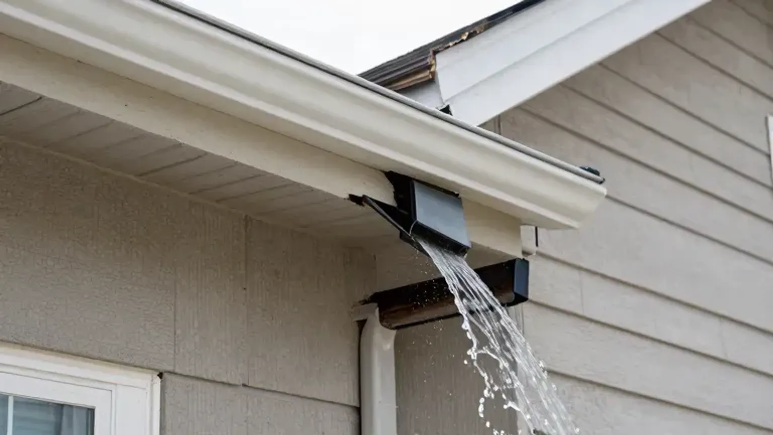 Documentary-style iPhone photo of repaired downspout directing water away from foundation on a home in Saratoga Springs, Utah. Natural daylight.