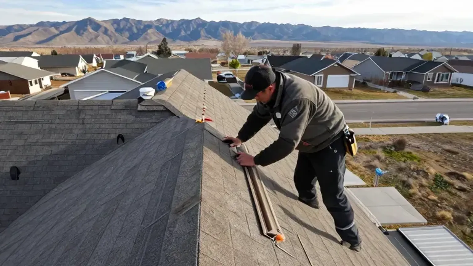 Documentary-style iPhone photo of residential roof inspection in progress with technician checking flashing and vent details in Saratoga Springs, Utah. Natural lighting.