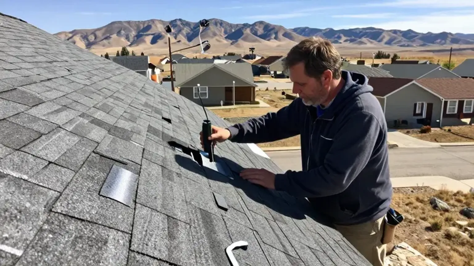 Documentary-style iPhone photo of a roofing inspector evaluating asphalt shingles and flashing on a suburban home in Saratoga Springs, Utah. Natural daylight from side angle.