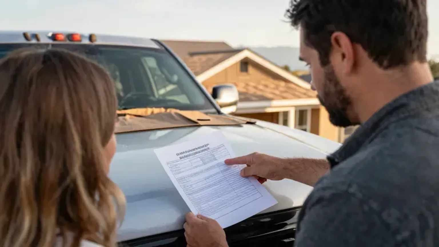 Documentary-style iPhone photo of completed professional roof inspection report review with homeowner at a residential property in Saratoga Springs, Utah. Natural window lighting.