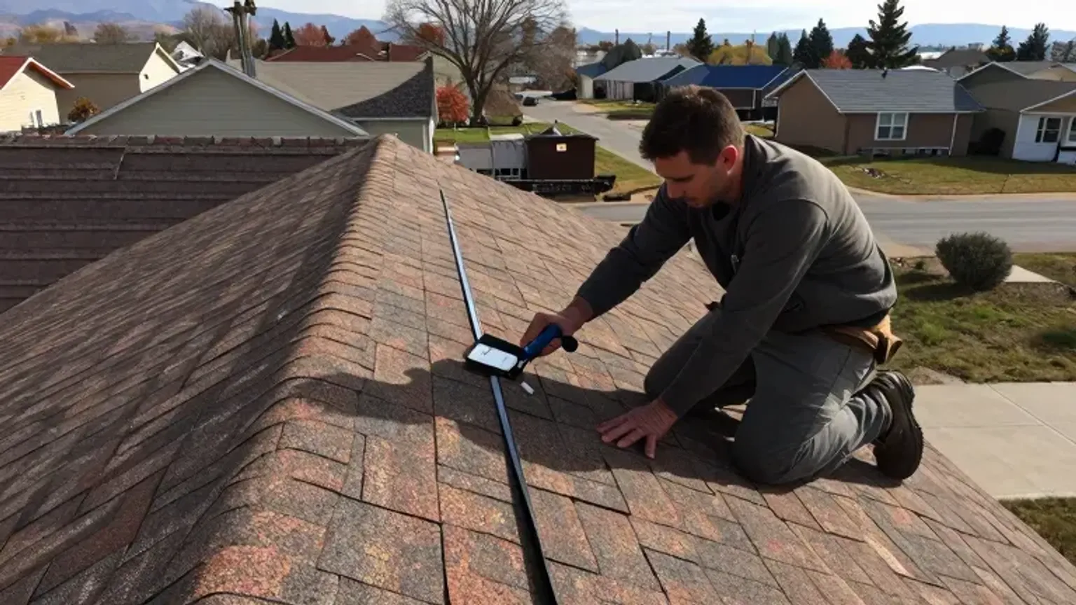 Documentary-style iPhone photo of roof maintenance inspection on a residential home in Saratoga Springs, Utah, with technician checking shingles and flashing. Natural daylight.