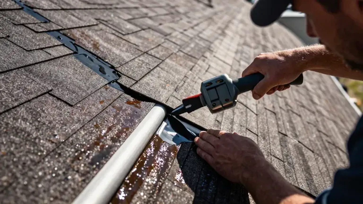 Documentary-style iPhone photo of roof leak repair in Saratoga Springs, Utah, showing technician sealing flashing and shingle transitions. Natural lighting.