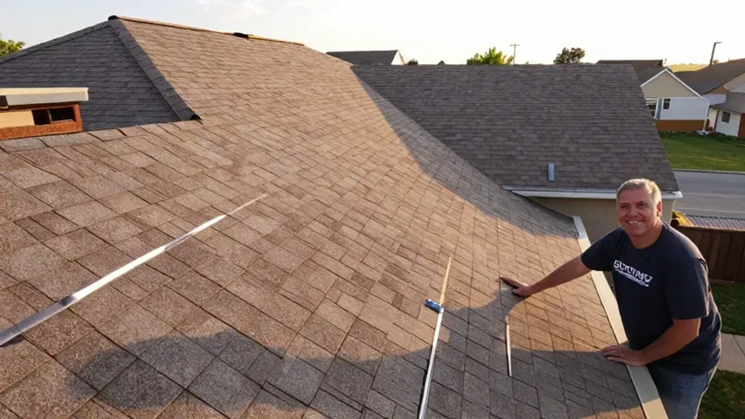 Documentary-style iPhone photo of completed roof repair on a residential property in Saratoga Springs, Utah with clean final finish. Natural daylight.