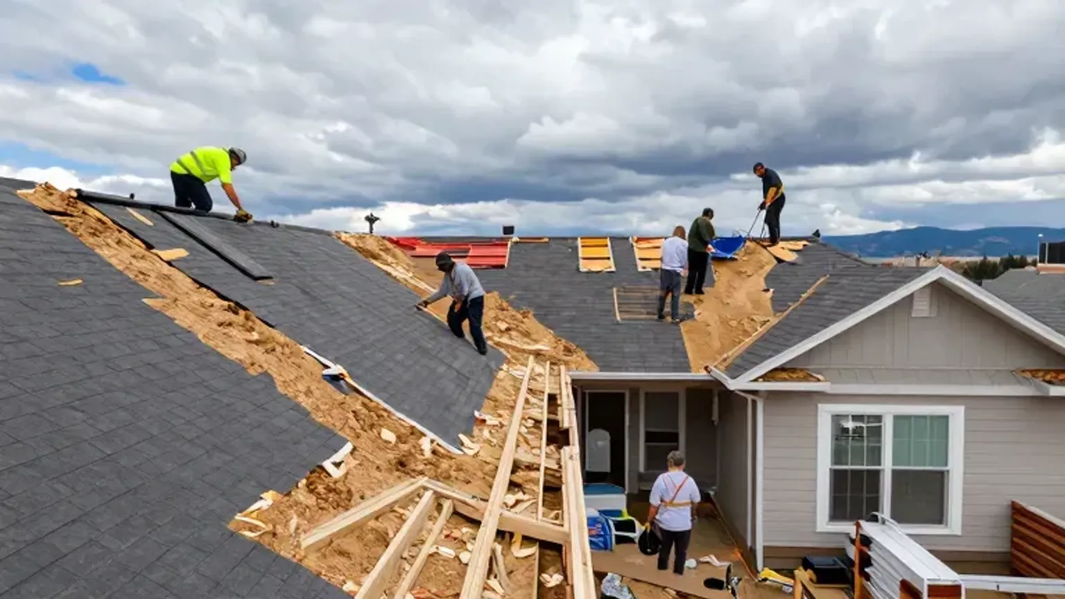 Documentary-style iPhone photo of roof tear-off phase on a residential property in Saratoga Springs, Utah with debris containment in place. Natural daylight.