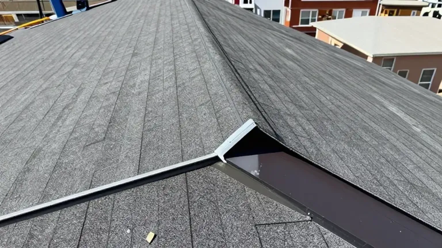 Documentary-style iPhone photo of new roofing underlayment and flashing preparation before shingle install in Saratoga Springs, Utah. Natural lighting.